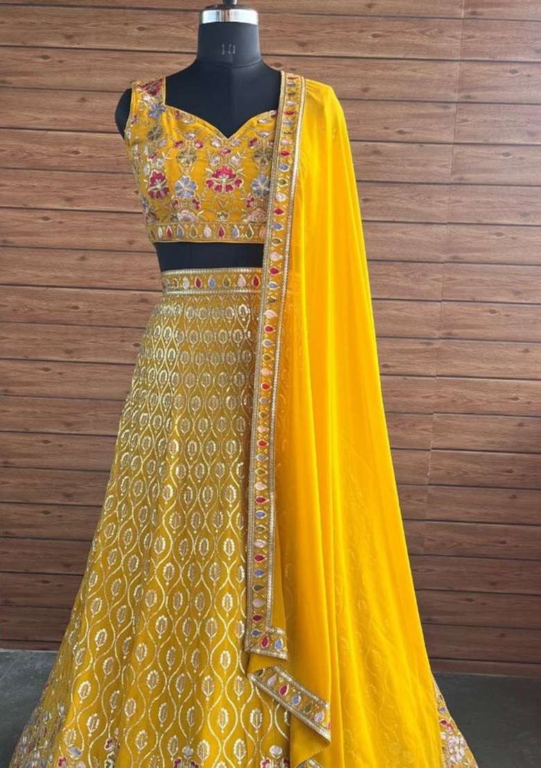 Yellow Georgette Lehenga Set with Embroidery for Diwali | Wedding & Festive Wear - Indya