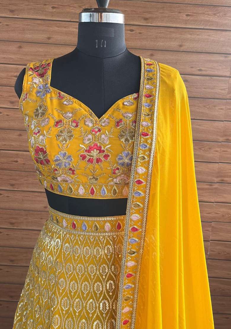 Yellow Georgette Lehenga Set with Embroidery for Diwali | Wedding & Festive Wear - Indya
