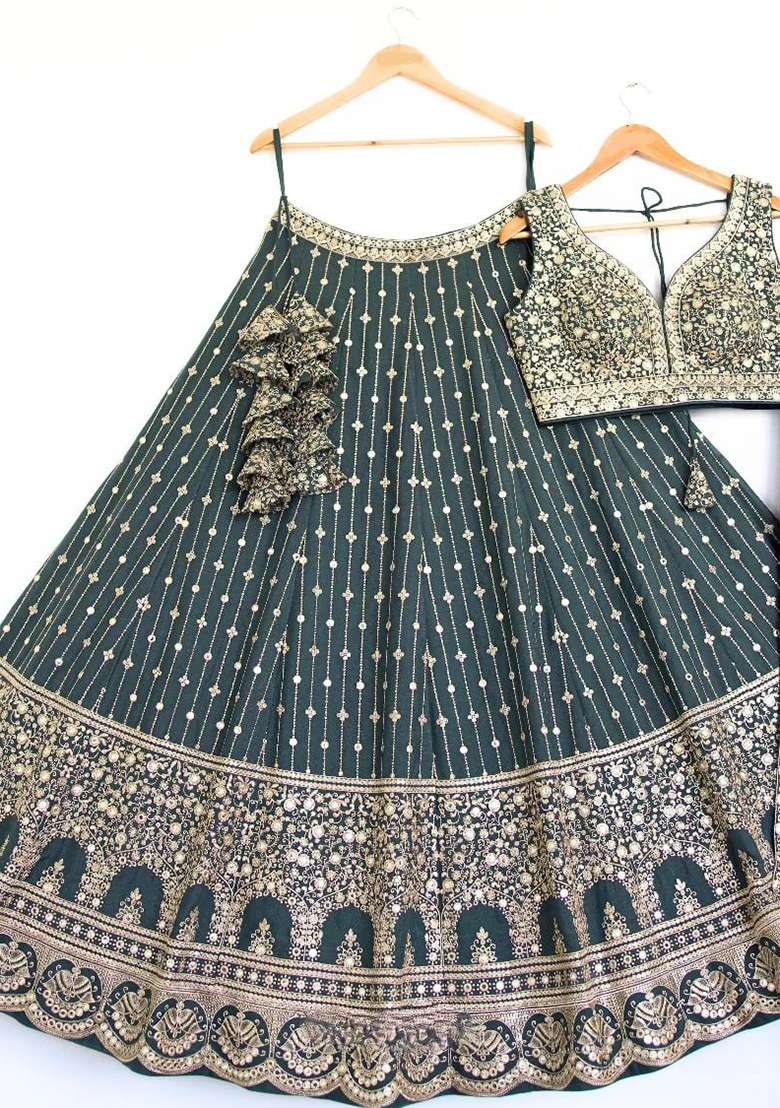 Light Green Georgette Lehenga Set with Embroidery for Diwali | Wedding & Festive Wear - Indya
