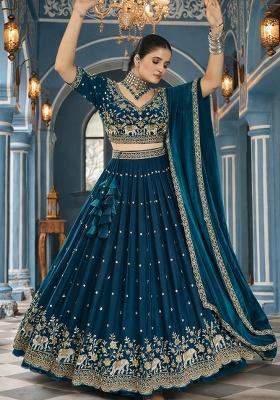 Morpeach Embroidery Vichitra Lehenga Set
