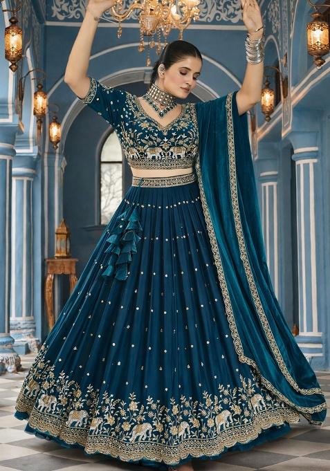 Morpeach Embroidery Vichitra Lehenga Set