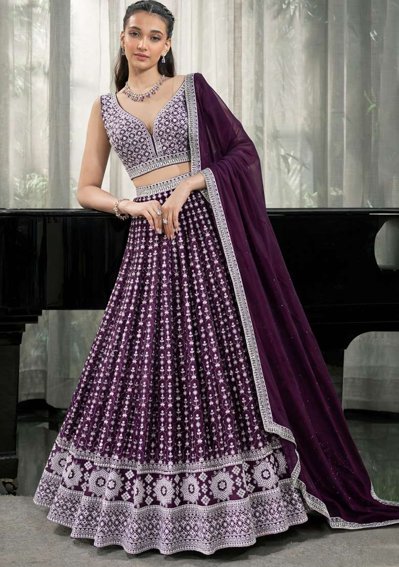 Purple Embroidery Georgette Lehenga Set for Diwali and Festive Wear - Indya