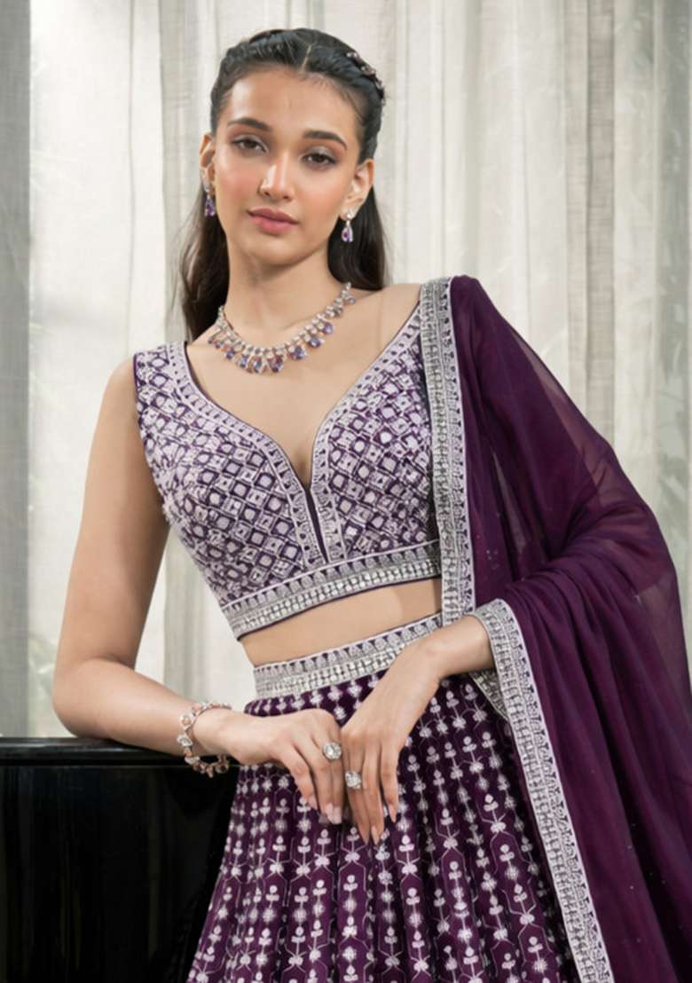 Purple Embroidery Georgette Lehenga Set for Diwali and Festive Wear - Indya