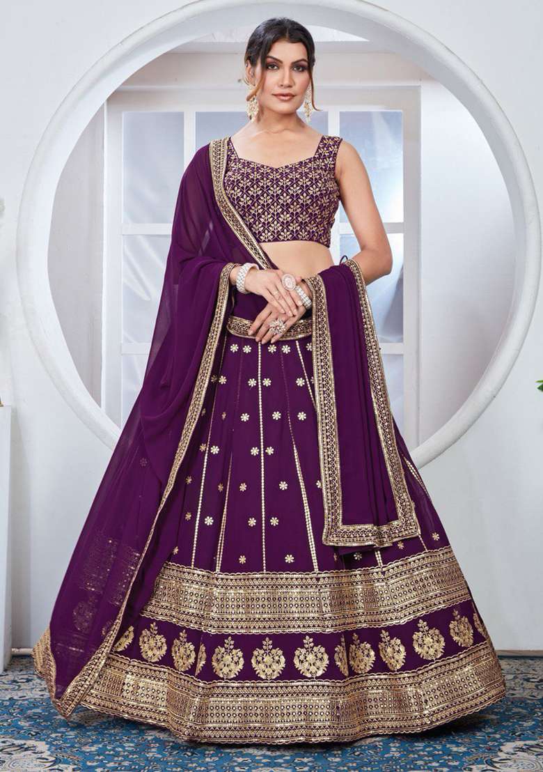 Purple Embroidery Georgette Lehenga Set for Diwali and Festive Wear - Indya