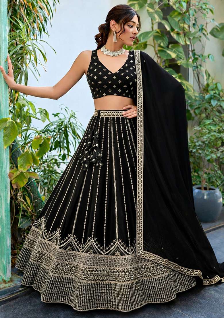 Black Georgette Lehenga Set with Embroidery for Diwali | Wedding & Festive Wear - Indya