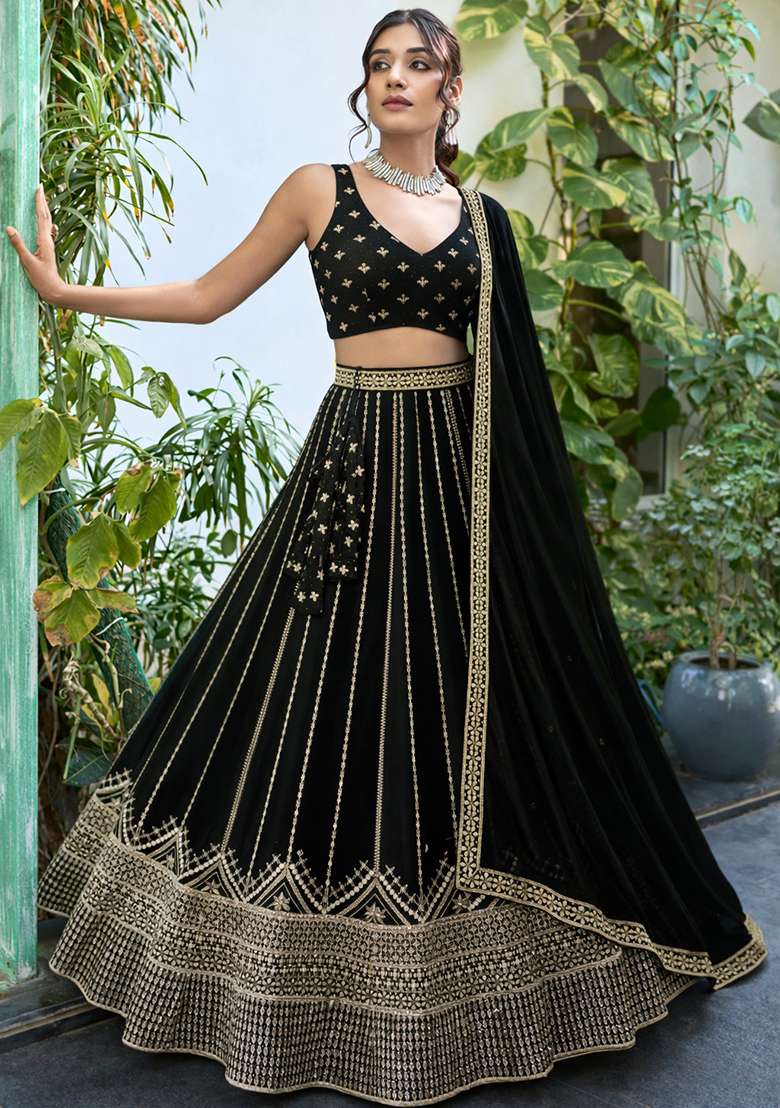 Black Georgette Lehenga Set with Embroidery for Diwali | Wedding & Festive Wear - Indya