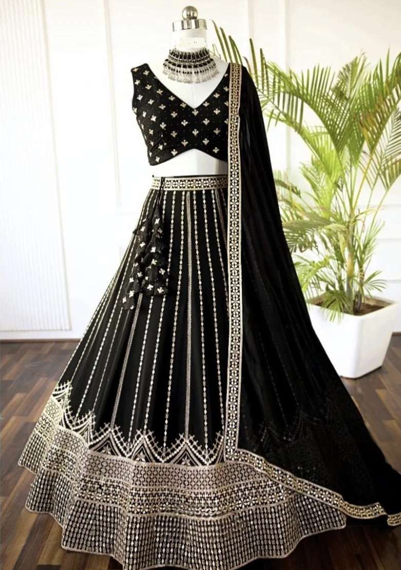 Black Georgette Lehenga Set with Embroidery for Diwali | Wedding & Festive Wear - Indya
