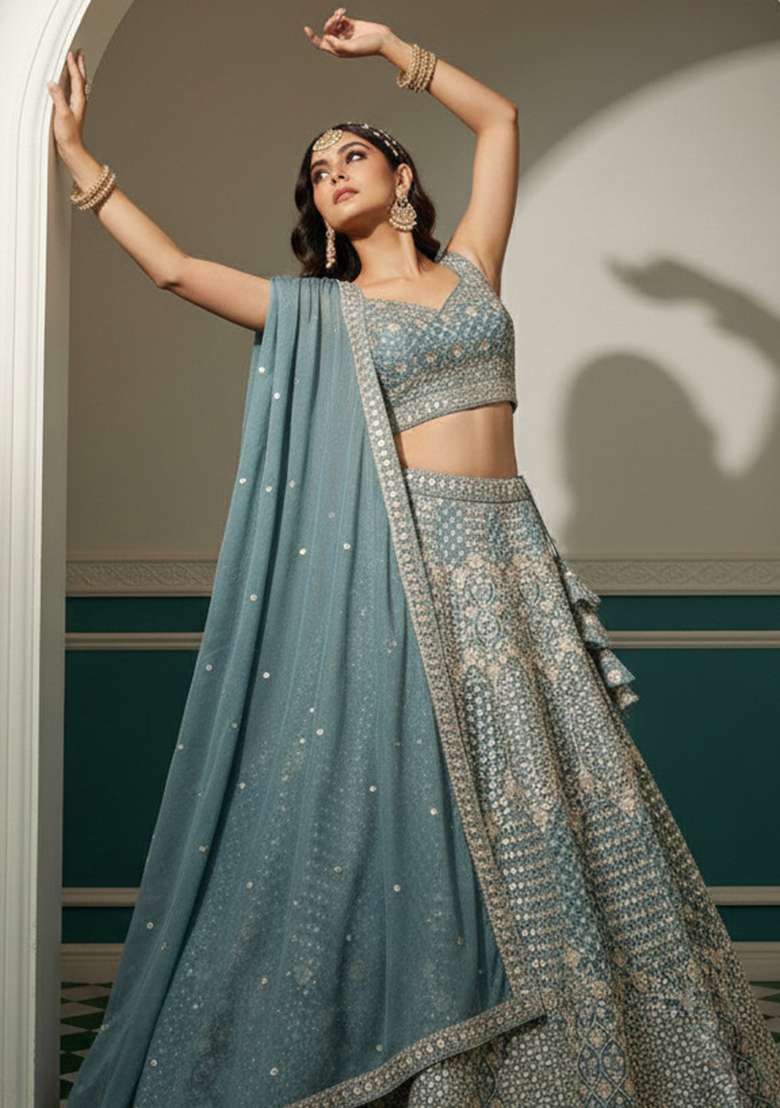 Blue Georgette Lehenga Set with Embroidery for Diwali | Wedding & Festive Wear - Indya