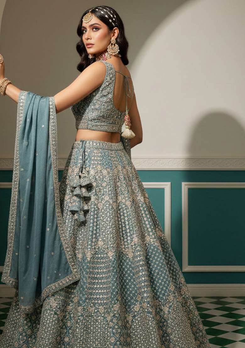 Blue Georgette Lehenga Set with Embroidery for Diwali | Wedding & Festive Wear - Indya