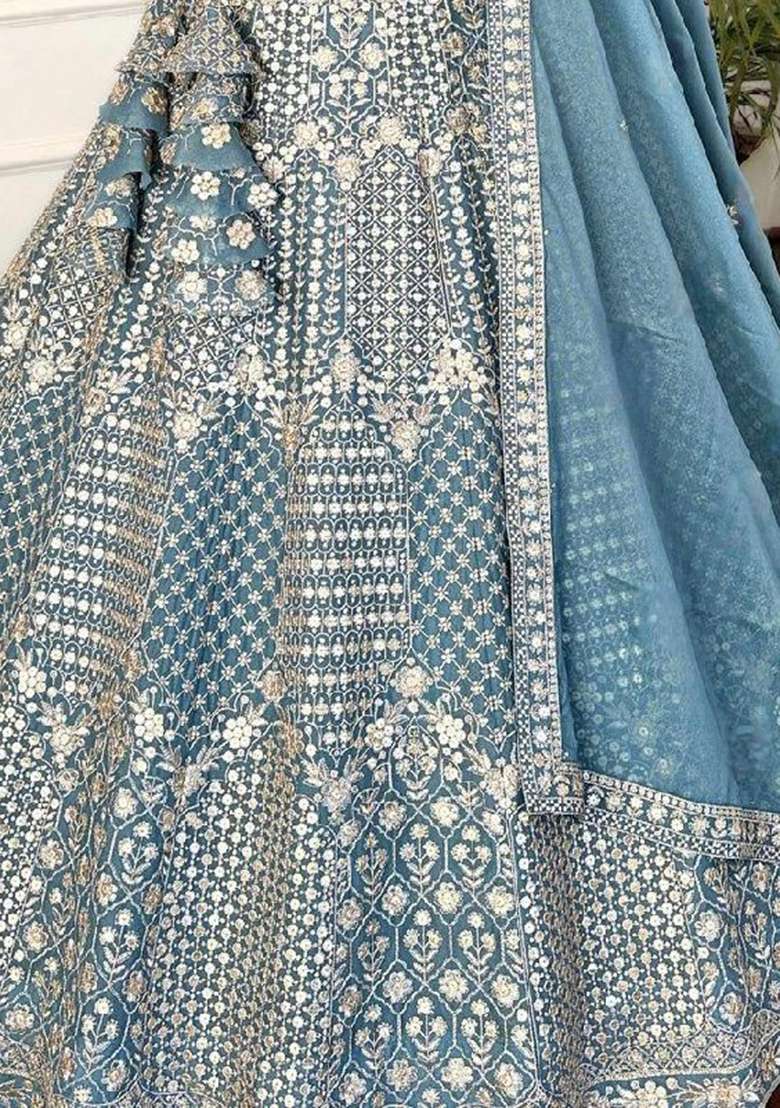 Blue Georgette Lehenga Set with Embroidery for Diwali | Wedding & Festive Wear - Indya