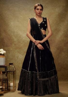 Black Embroidery Georgette Lehenga Set