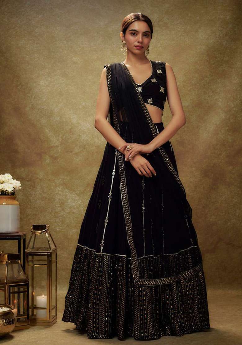Black Georgette Lehenga Set with Embroidery for Diwali | Wedding & Festive Wear - Indya