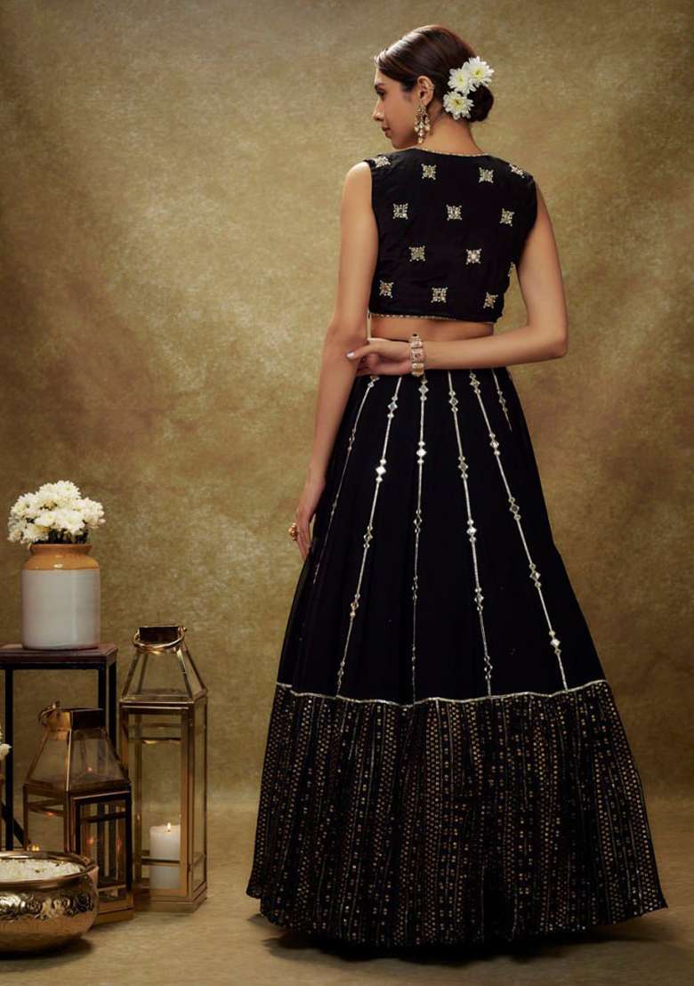 Black Georgette Lehenga Set with Embroidery for Diwali | Wedding & Festive Wear - Indya