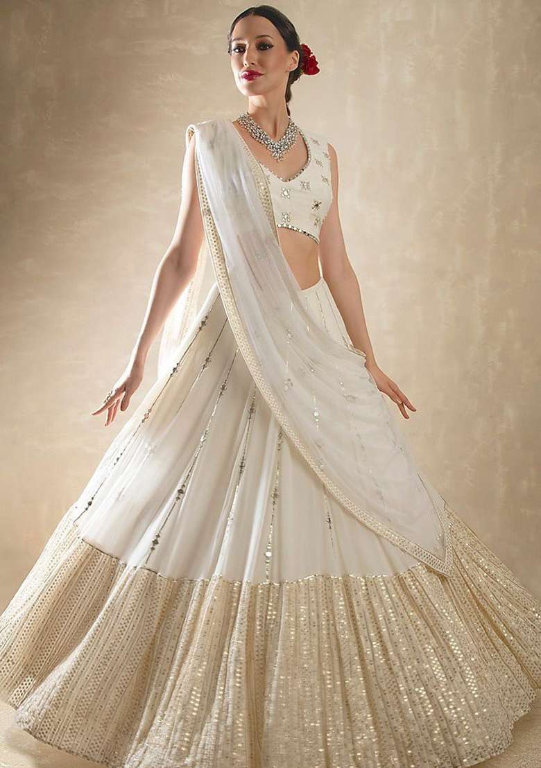 Off White Embroidery Georgette Lehenga Set for Diwali and Festive Wear - Indya