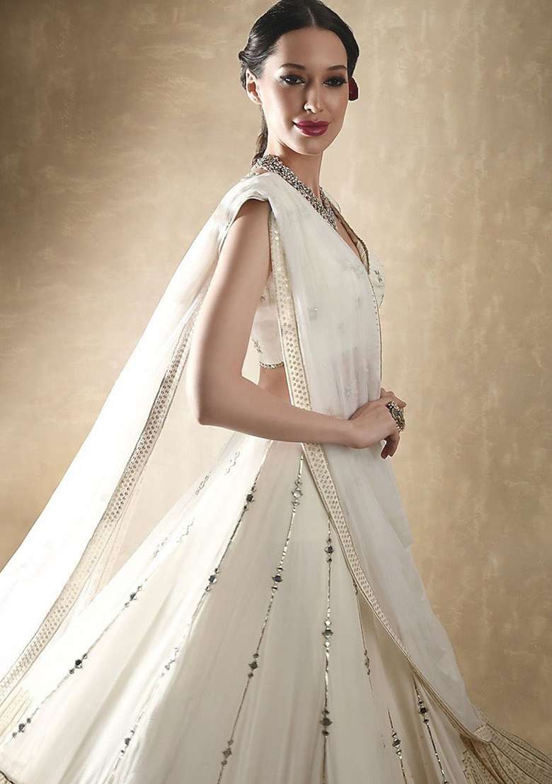 Off White Embroidery Georgette Lehenga Set for Diwali and Festive Wear - Indya