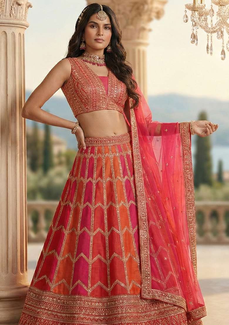 Orange And Pink Georgette Lehenga Set with Embroidery for Diwali | Wedding & Festive Wear - Indya