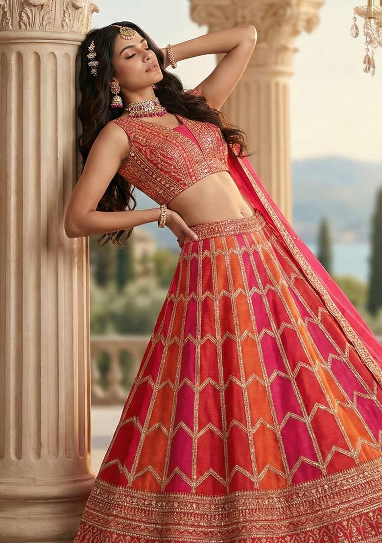Orange And Pink Georgette Lehenga Set with Embroidery for Diwali | Wedding & Festive Wear - Indya