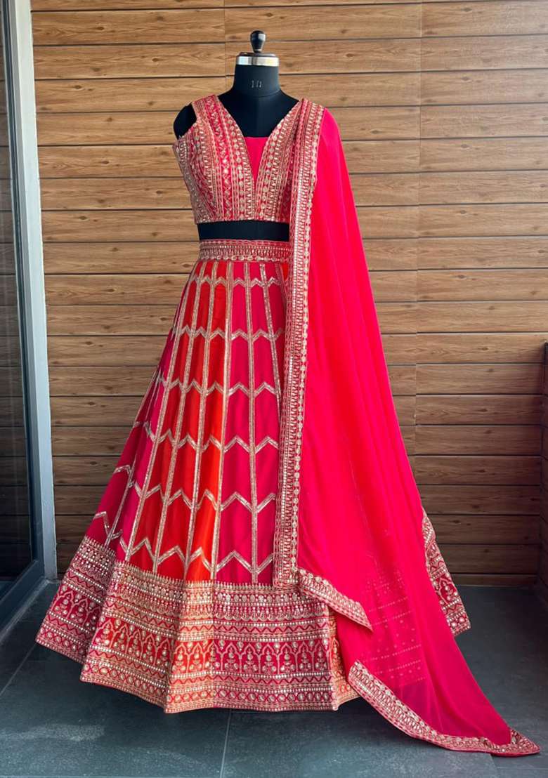 Orange And Pink Georgette Lehenga Set with Embroidery for Diwali | Wedding & Festive Wear - Indya