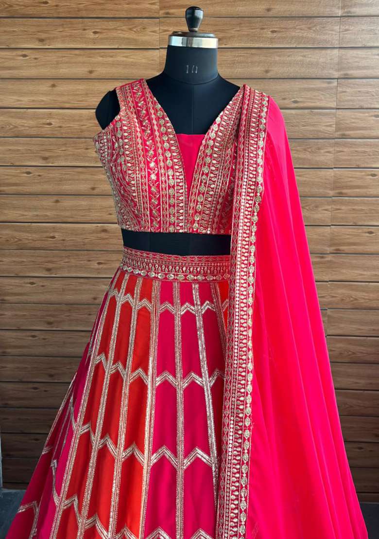 Orange And Pink Georgette Lehenga Set with Embroidery for Diwali | Wedding & Festive Wear - Indya