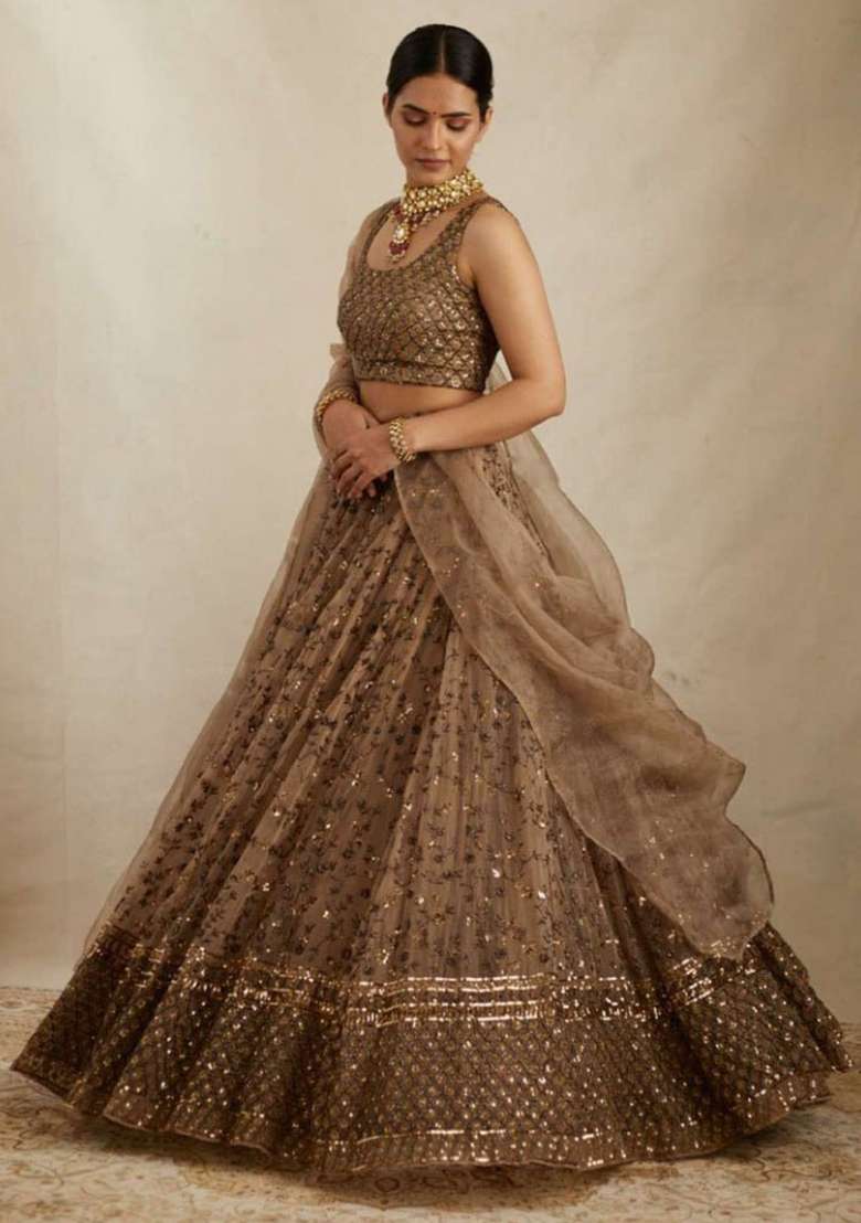 Brown Embroidery Net Lehenga Set for Diwali and Festive Wear - Indya