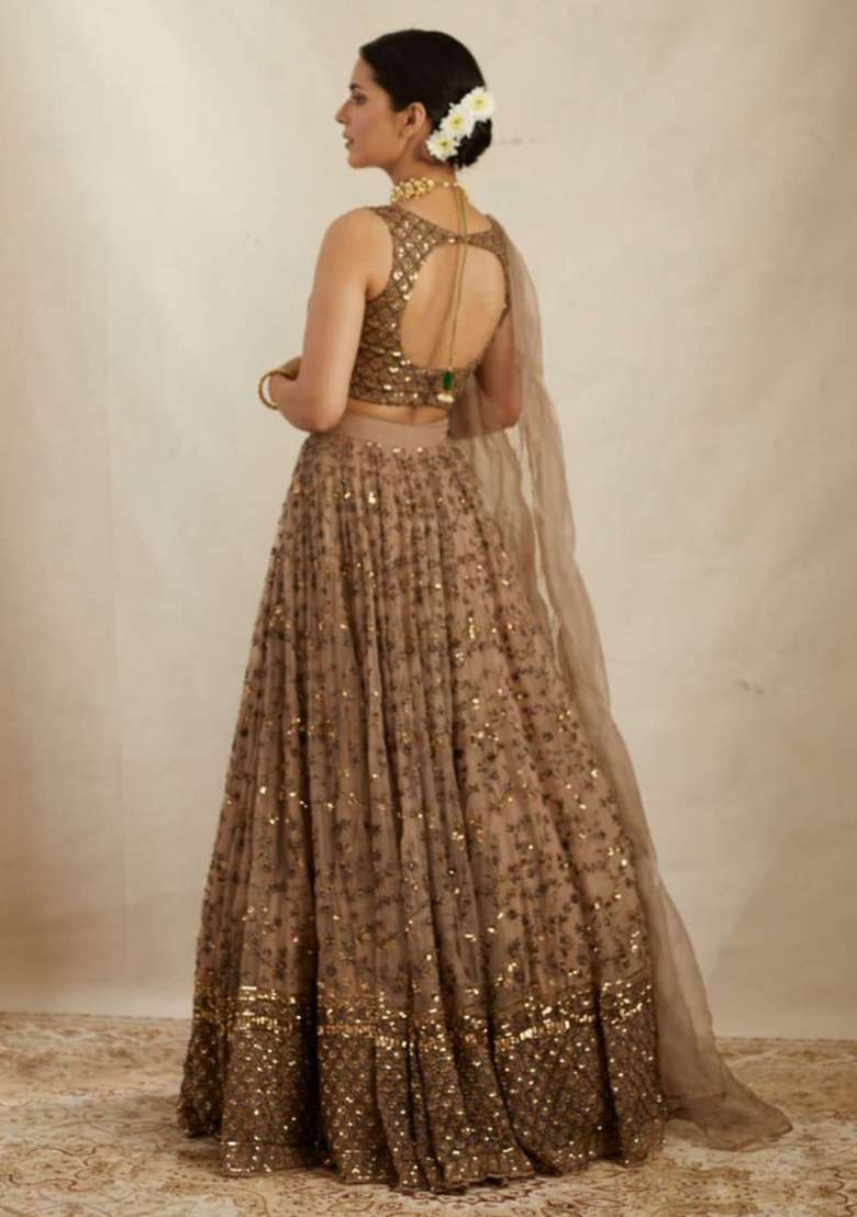 Brown Embroidery Net Lehenga Set for Diwali and Festive Wear - Indya