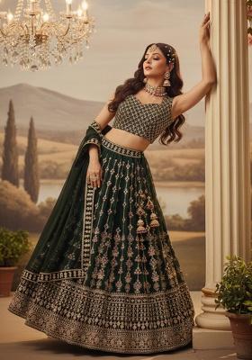 Bottel Green Embroidery Georgette Lehenga Set