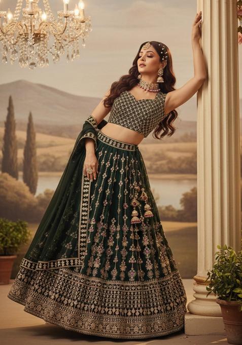 Bottel Green Embroidery Georgette Lehenga Set