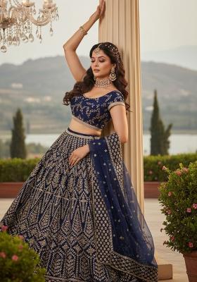 Blue Embroidery Satin Lehenga Set