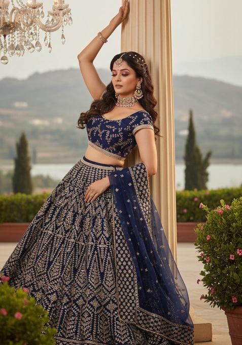 Blue Embroidery Satin Lehenga Set