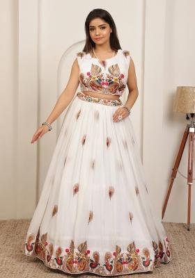 Off White Embroidery Cotton Lehenga Set