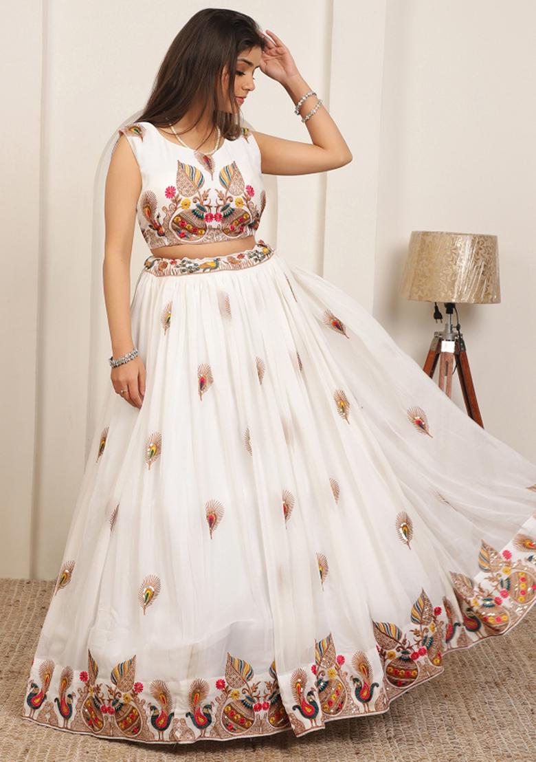 Off White Embroidery Cotton Lehenga Set - Indya