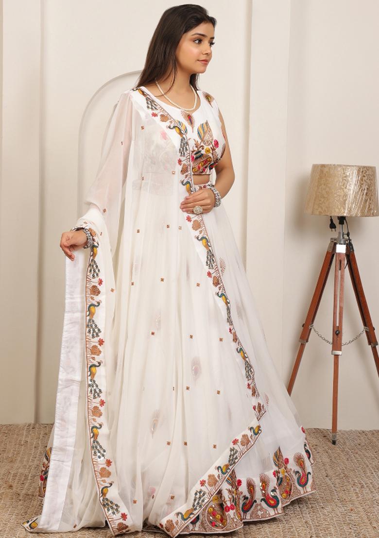 Off White Embroidery Cotton Lehenga Set - Indya