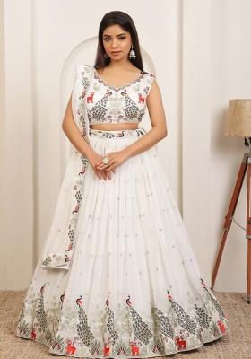 Off White Embroidery Cotton Lehenga Set