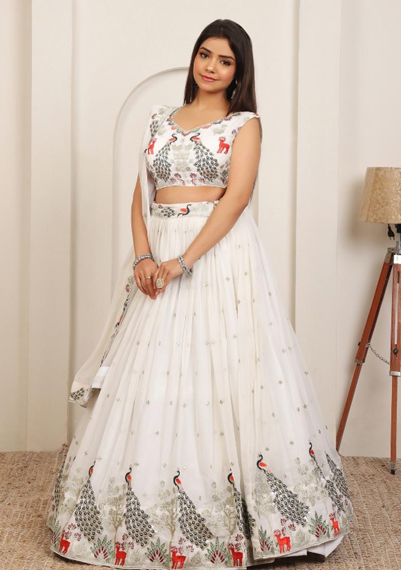 Off White Embroidery Cotton Lehenga Set - Indya