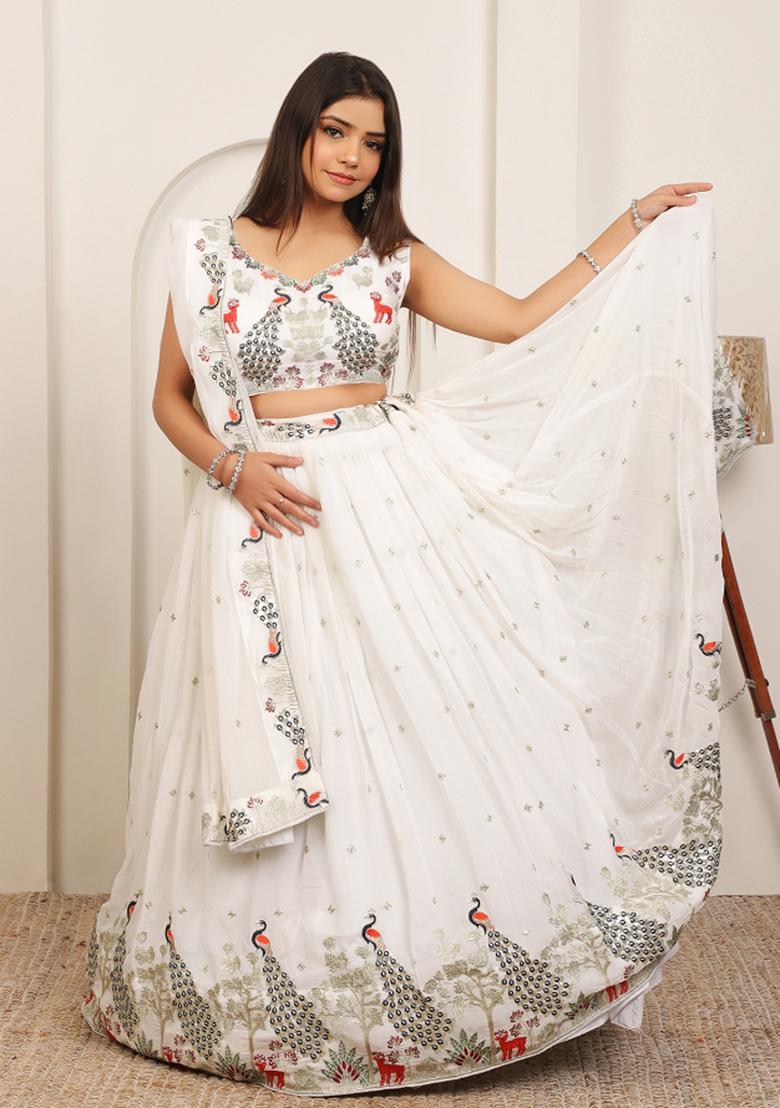 Off White Embroidery Cotton Lehenga Set - Indya