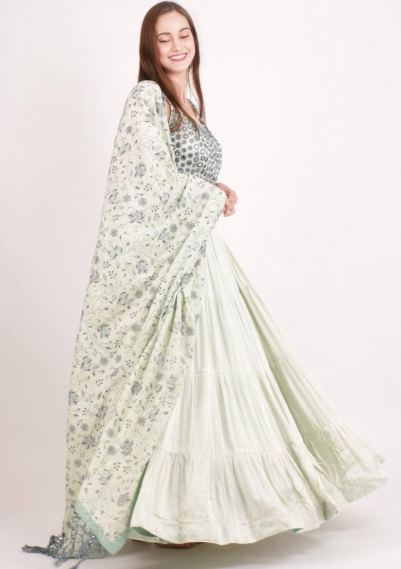 Mint Green Embroidery Cotton Lehenga Set - Indya