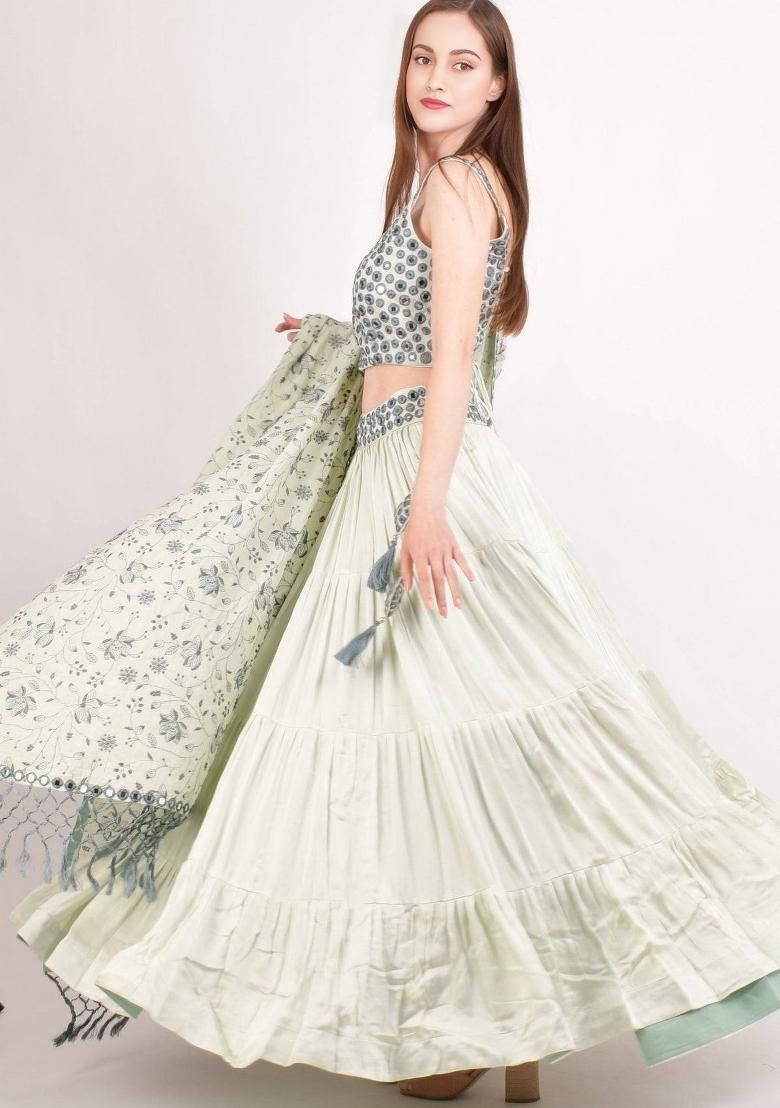 Mint Green Embroidery Cotton Lehenga Set - Indya