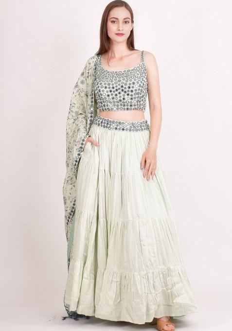 Mint Green Embroidery Cotton Lehenga Set — view on Indya