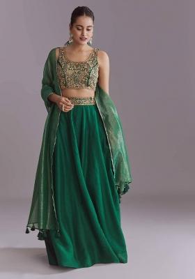 Green Embroidery Cotton Lehenga Set