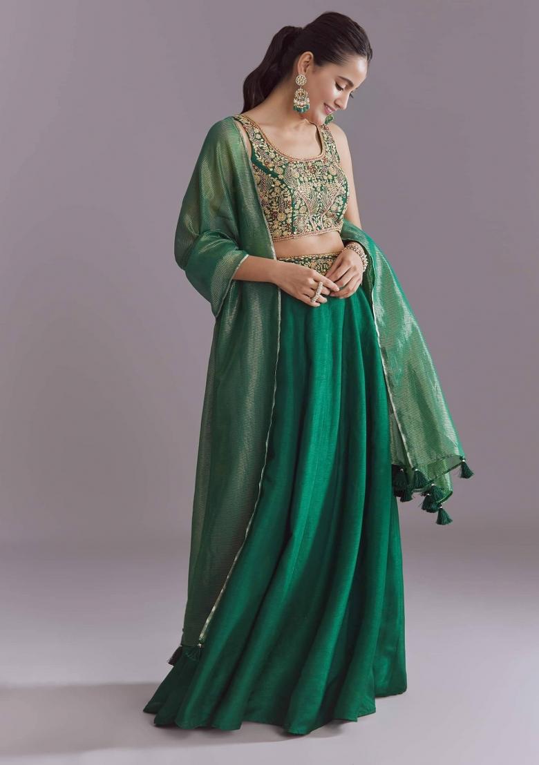Green Embroidery Cotton Lehenga Set - Indya