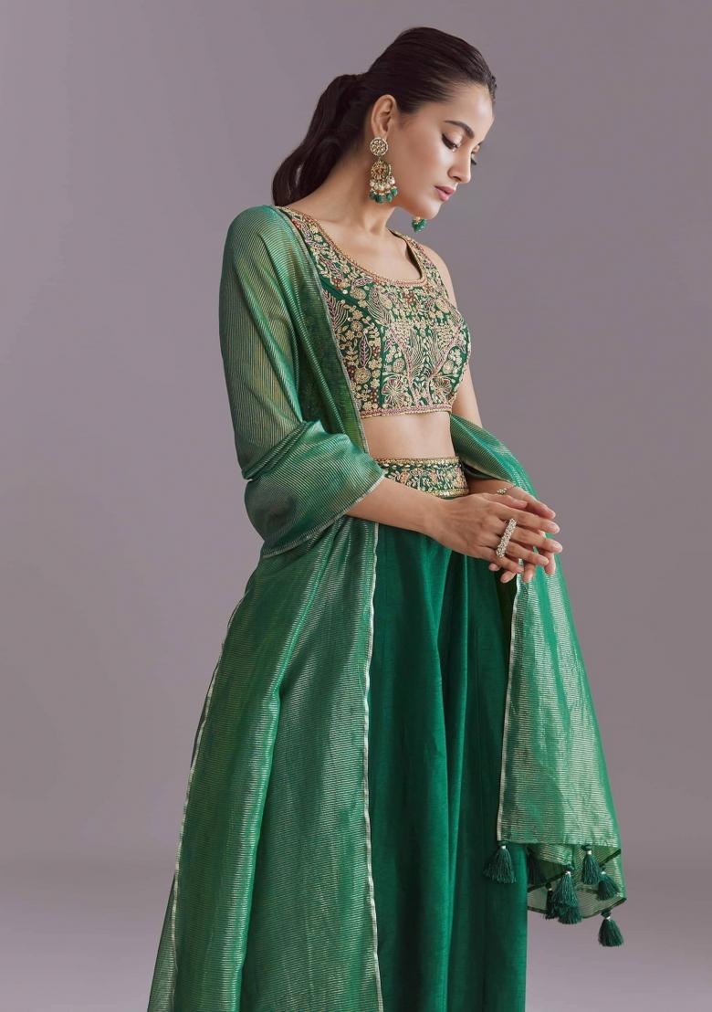 Green Embroidery Cotton Lehenga Set - Indya