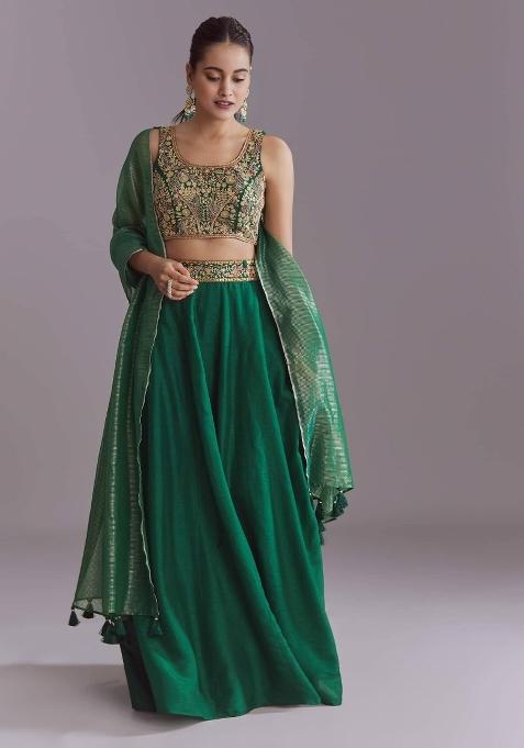Green Embroidery Cotton Lehenga Set