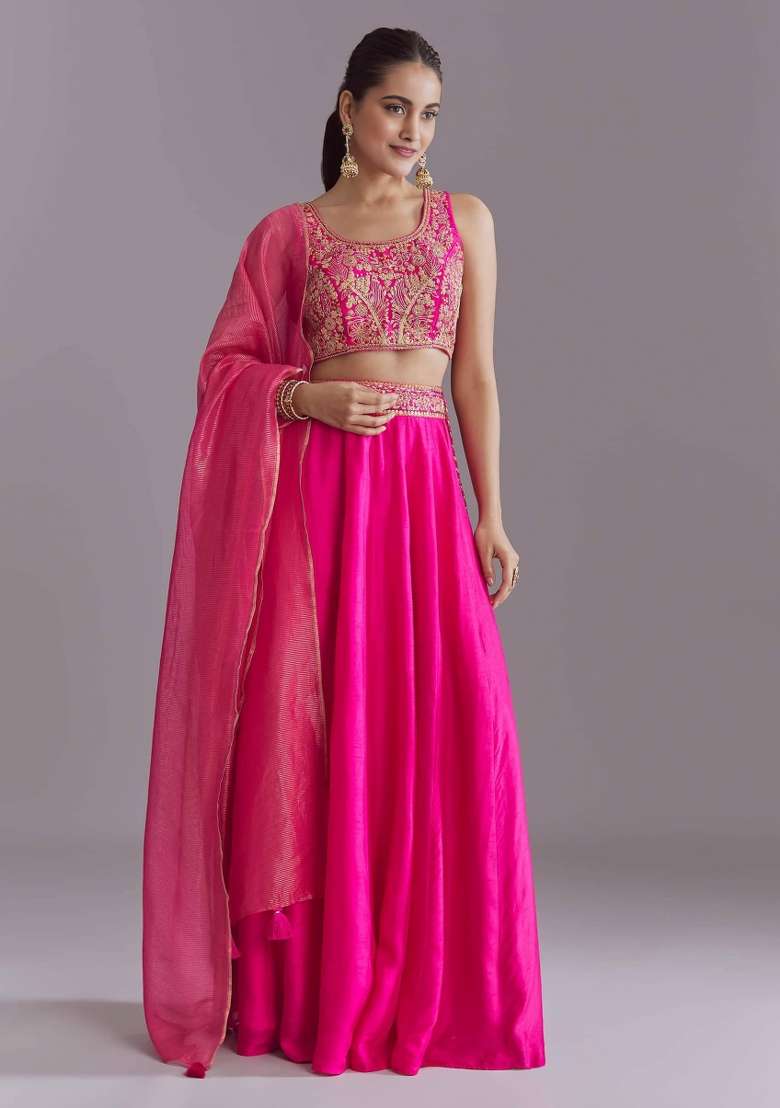 Pink Cotton Lehenga Set with Embroidery for Diwali | Wedding & Festive Wear - Indya