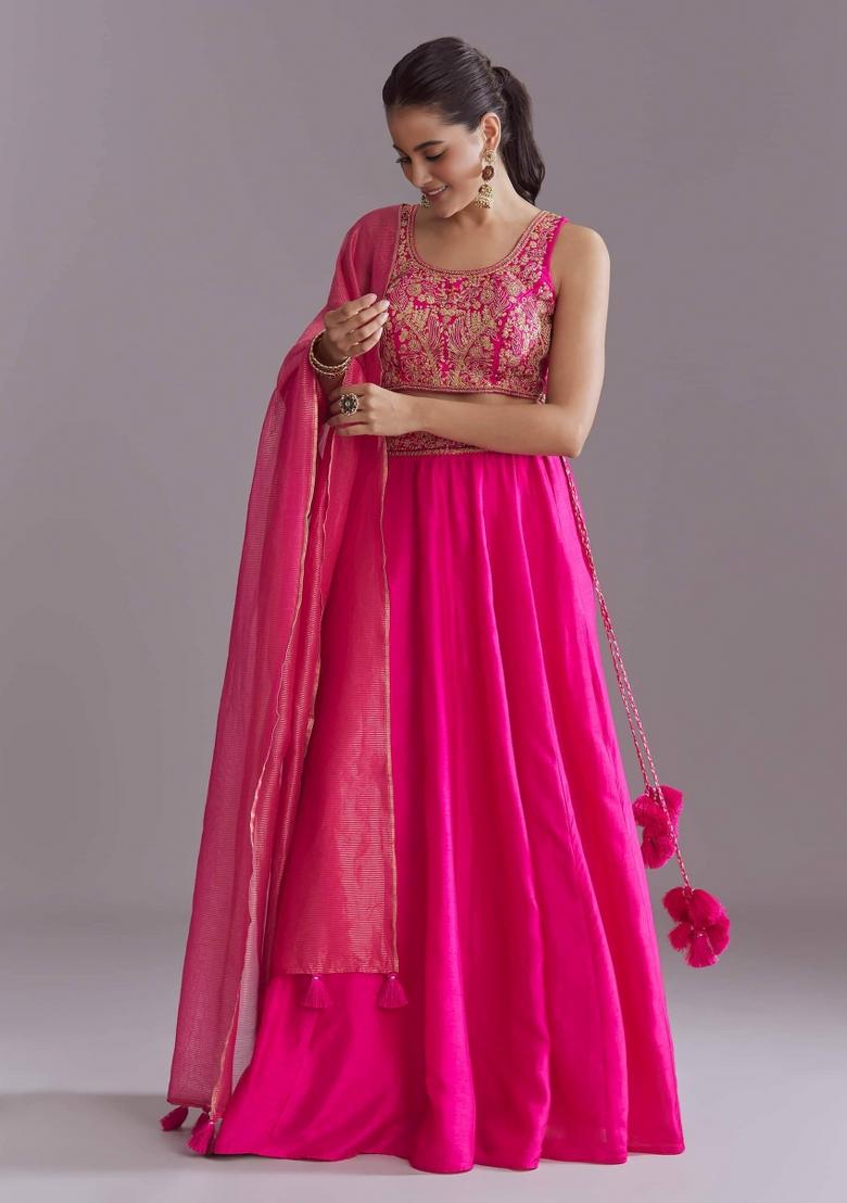 Pink Embroidery Cotton Lehenga Set - Indya