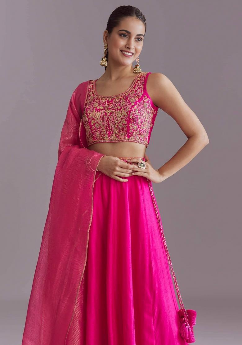 Pink Embroidery Cotton Lehenga Set - Indya