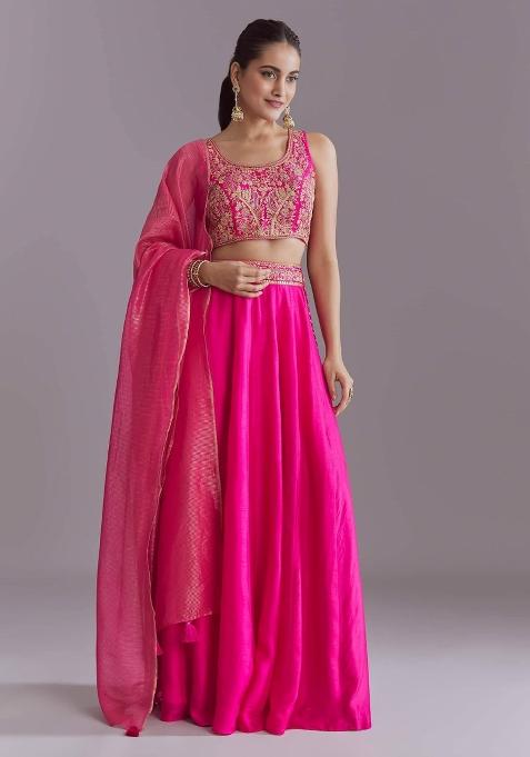 Pink Embroidery Cotton Lehenga Set