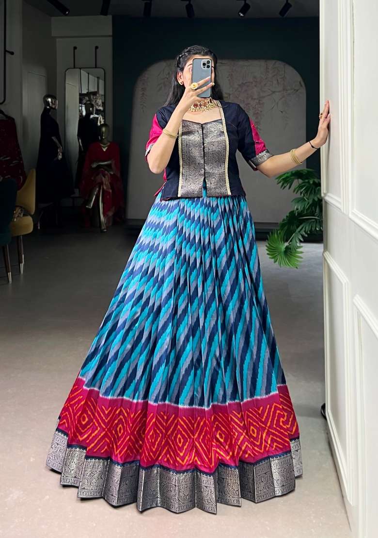 Sky Blue Zari Work Silk Blend Lehenga Set for Diwali and Festive Wear - Indya