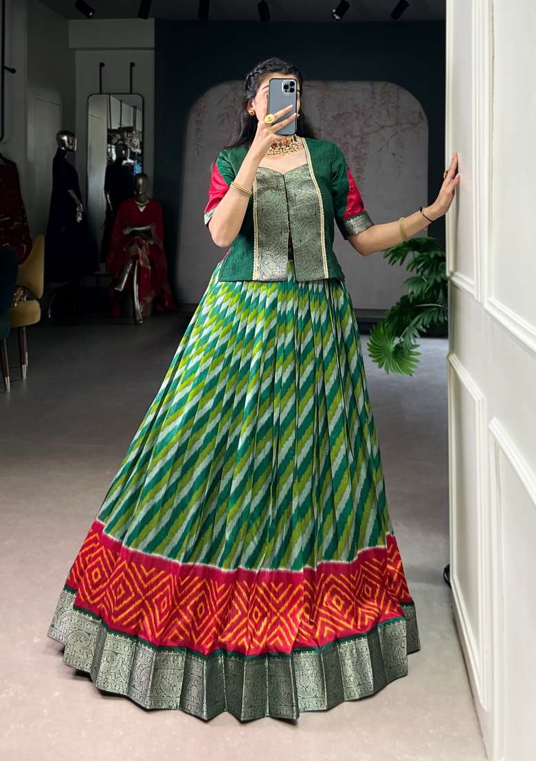 Green Silk Blend Lehenga Set with Zari Work for Diwali | Wedding & Festive Wear - Indya