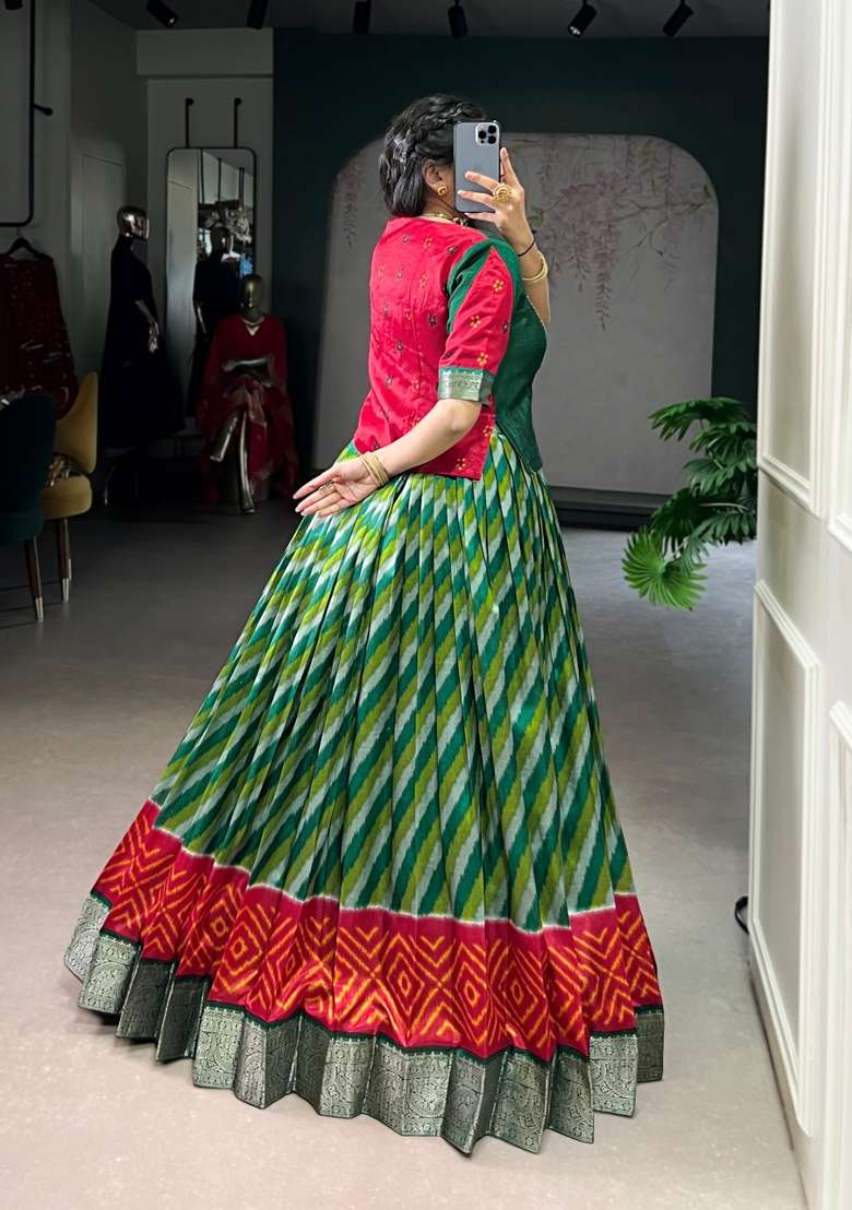 Green Silk Blend Lehenga Set with Zari Work for Diwali | Wedding & Festive Wear - Indya