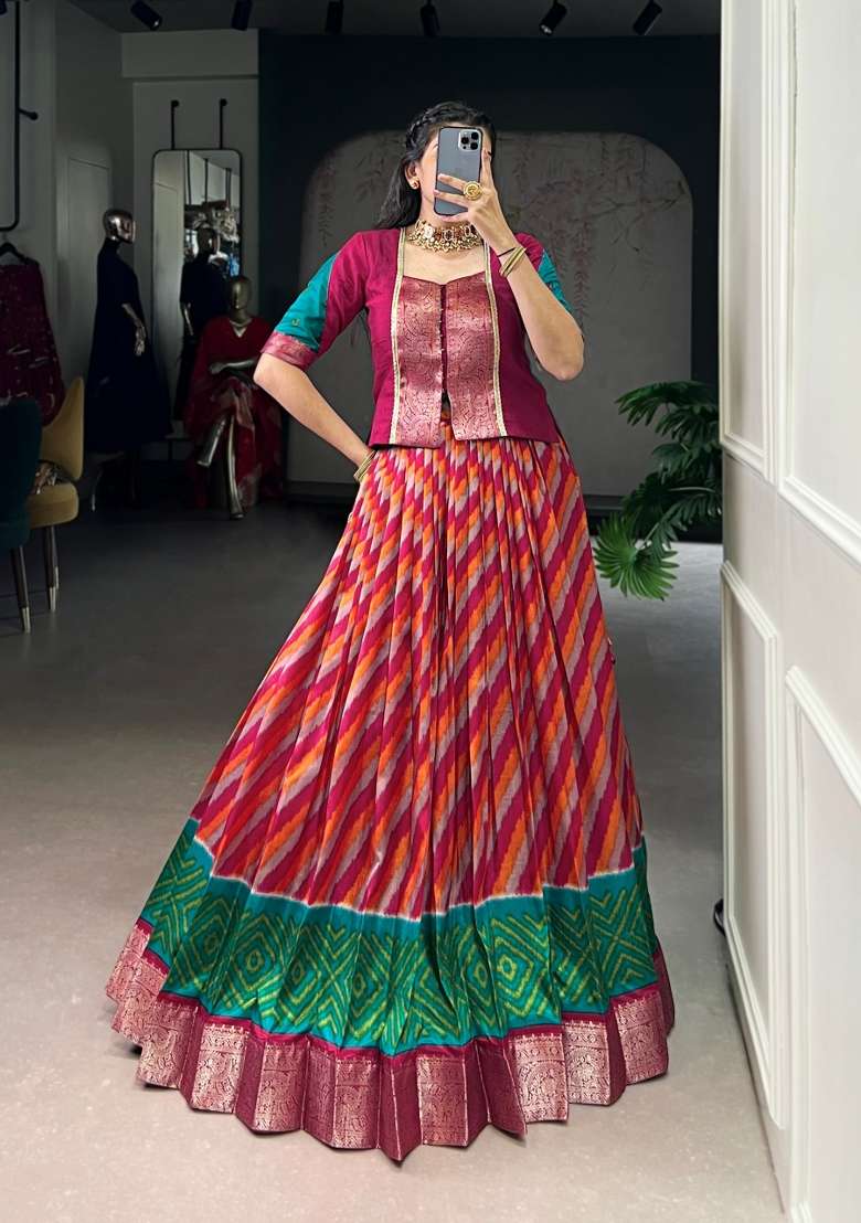 Red Zari Work Silk Blend Lehenga Set for Diwali and Festive Wear - Indya